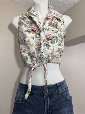 1990s M Collection Floral Button-Up Tie-Front Blouse